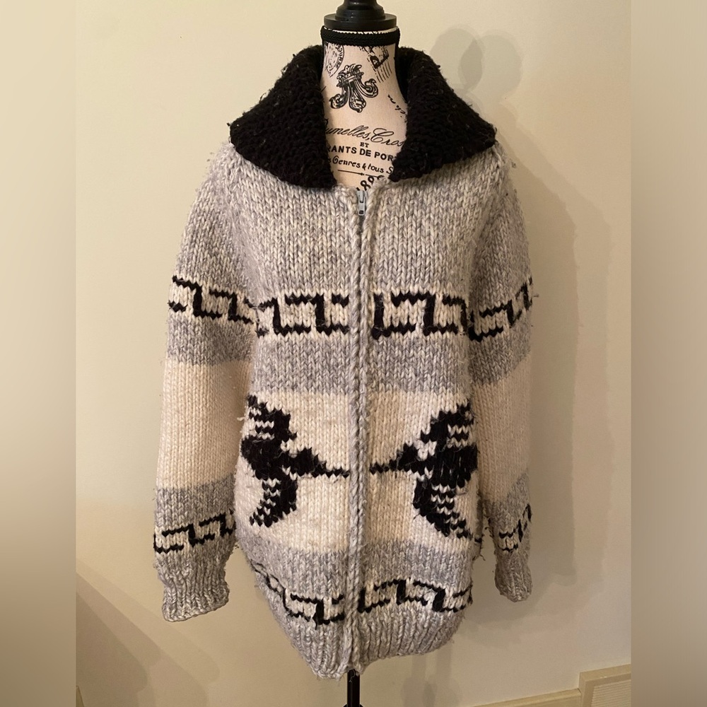 Cowichan Wool Loon Cardigan Large/XL Excel Vintage Used Cond Canadiana Hand Knit